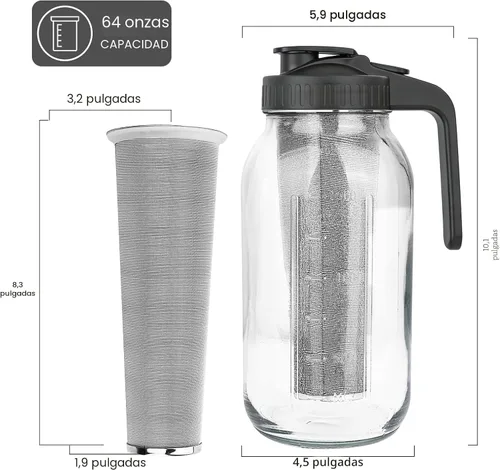 Miniatura 2 de Máquina de café de infusión fría, jarra de albañil de 64 onzas con filtro de acero inoxidable, tapa con pico para servir, de vidrio resistente