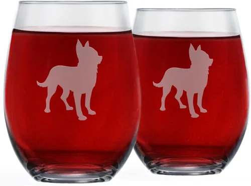 Miniatura 10 de Copas de vino sin tallo (juego de 2) de perros de raza Regalos para amantes de perros Silueta de 2 caras grabada a mano con nombre de la raza