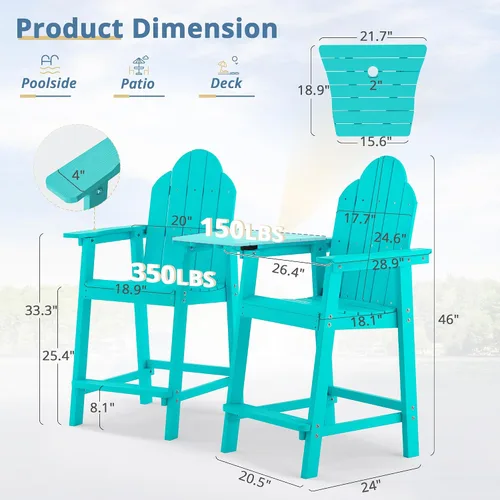 Miniatura 2 de LUE BONA Juego de 2 sillas altas Adirondack HDPS para todo tipo de clima, sillas de altura de barra con patas de aluminio, mesa desmontable