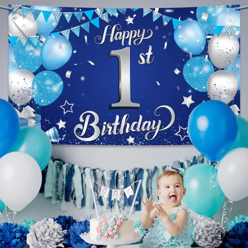 Miniatura 8 de KatchOn, Cartel de feliz primer cumpleaños para niño, 72 x 44 pulgadas, Xtralarge, telón de fondo azul y plateado para el primer cumpleaños