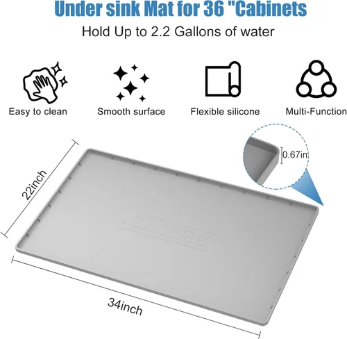 Miniatura 3 de Tapete para debajo del fregadero de cocina, impermeable, 34 x 22 pulgadas, forro de silicona para debajo del fregadero, tapete protector de gabinete