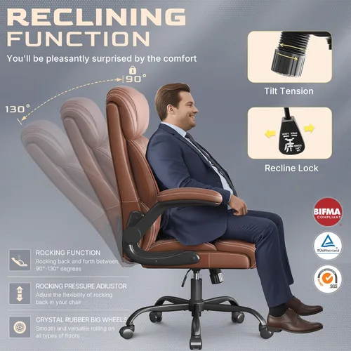 Miniatura 5 de Silla de oficina ejecutiva con respaldo alto transpirable, silla de oficina grande y alta, reposabrazos abatibles, soporte lumbar, silla giratoria