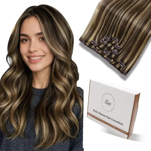 Miniatura 34 de Hetto - Extensiones de cabello humano onduladas con clip, color #2 castaño oscuro, extensiones de cabello humano natural para cabeza completa