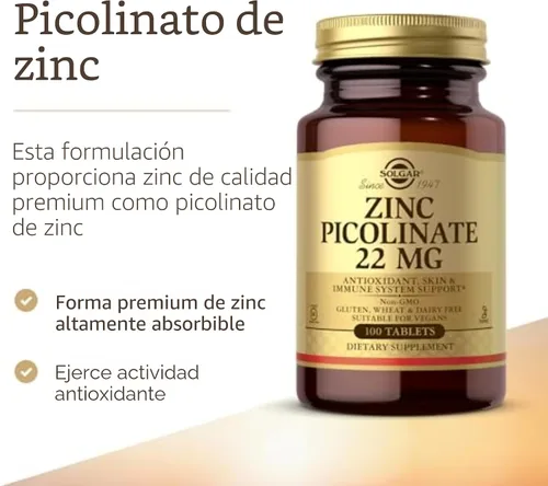 Miniatura 3 de Solgar Picolinato de zinc de 22 mg, 100 tabletas - Promueve una piel saludable - Apoya el sistema inmunológico, el sabor y la visión normales