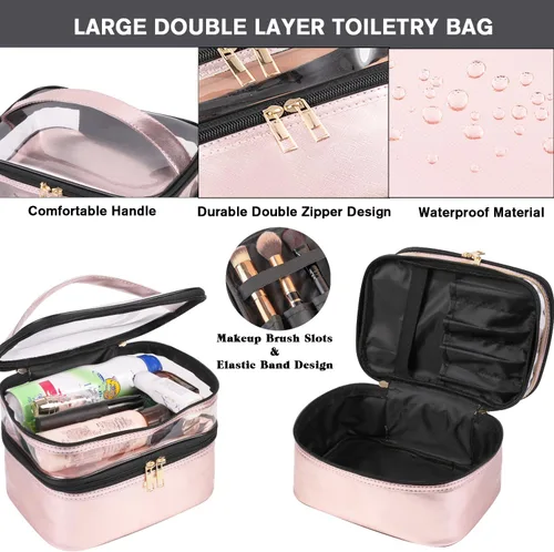 Miniatura 4 de FITINI Bolsas de maquillaje de doble capa de almacenamiento de viaje estuches cosméticos organizador de maquillaje bolsas de aseo resistentes al Rosa