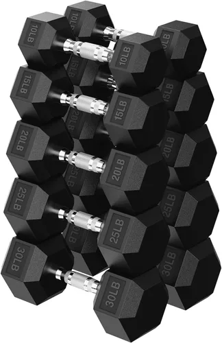 Miniatura 20 de HANDBODE Juego de mancuernas hexagonales de 45 a 640 libras, mancuernas de ejercicio y fitness con revestimiento de goma para gimnasio en casa