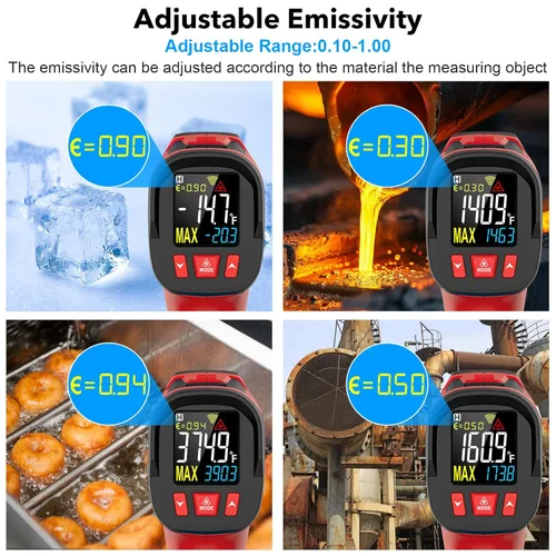 Miniatura 3 de Pistola termómetro infrarroja, pistola de temperatura láser digital con sonda, termómetro IR sin contacto de -40°F ~ 1472°F con emisividad ajustable