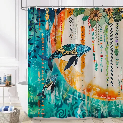 Miniatura 17 de Juego de cortinas de ducha relajadas con diseño de ondas de arte japonés impermeable, cortina de ducha para baño, divertida escena de vacaciones