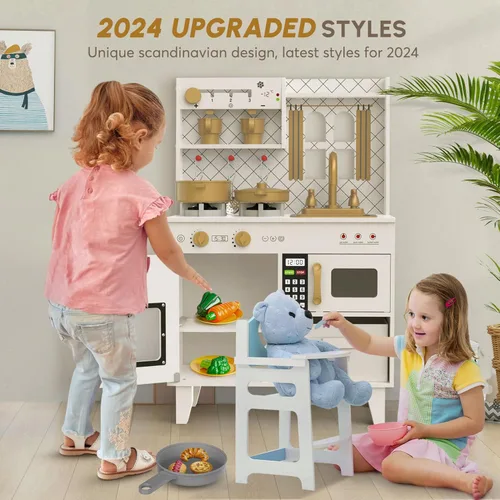 Miniatura 4 de BIERUM Juego de cocina con luces y sonidos realistas, juego de cocina de madera para niños pequeños, cocina de juguete con 26 accesorios de comida