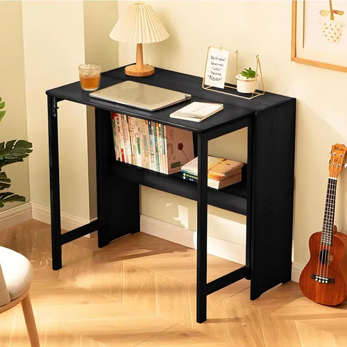 Miniatura 13 de Escritorio plegable de bambú, escritorios plegables para espacios pequeños, escritorio pequeño de mediados de siglo con estantería para computadora