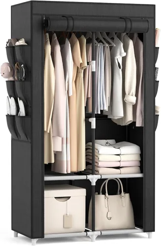 Miniatura 12 de VTRIN Armario Portátil Guardarropa Armario para Colgar Ropa con 4 Estantes de Almacenamiento, 2 Varillas para Colgar y 6 Bolsillos, Perchero Estable