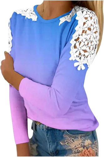 Camisas de manga larga de ganchillo de encaje para mujer, blusa de primavera, color degradado, camisetas tipo túnica de corte clásico