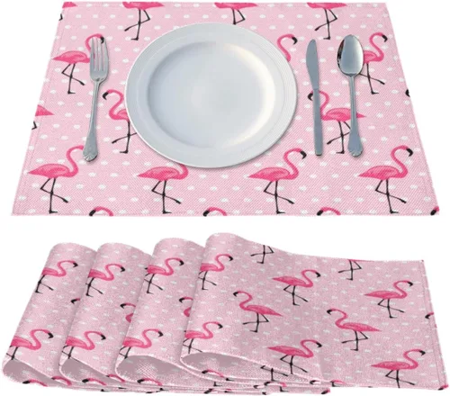 Miniatura 2 de Juego de 4 manteles individuales con diseño de flamencos y lunares, lavables, impermeables, para decoración de mesa de comedor, 18 x 12 pulgadas