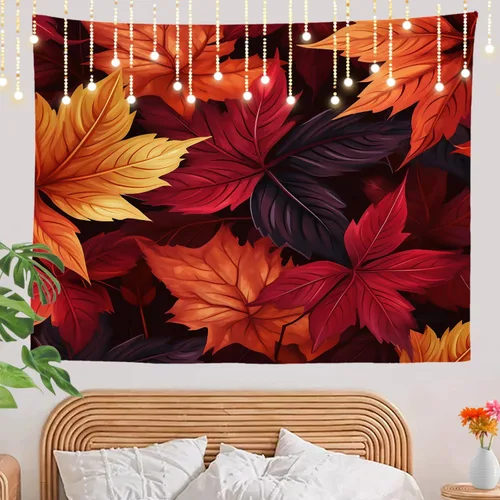 Miniatura 2 de Shrahala Tapiz de pared de hojas de arce otoñal, hojas rojas sin costuras sobre negro para colgar en la pared, tapiz grande decorativo de fibra