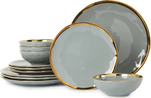 Miniatura 11 de Pokini Juego de vajilla de porcelana, juego de 12 platos y cuencos de porcelana de lujo, juego de platos verdes con borde dorado para boda