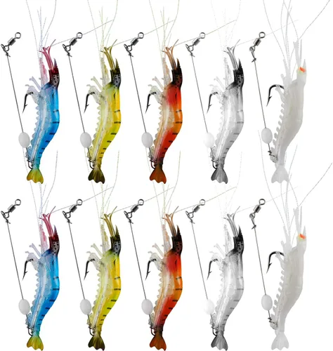 Señuelos de pesca para camarones de silicona artificial, set de cebo suave luminoso Swimbait Señuelo de pesca con ganchos, aparejos de pesca de agua