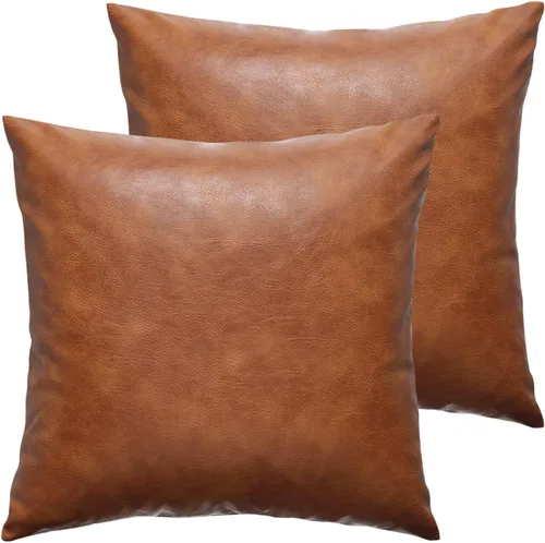Fundas de Almohada de Cuero Sintético de 16x16 pulgadas - Juego de 2 Fundas de Almohada Cuadradas de Decoración Bohemia Moderna Minimalista Marrón