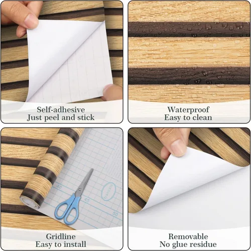 Miniatura 5 de Arthome 17"x393" Papel pintado de listones de madera, para despegar y pegar, autoadhesivo, de madera, papel pintado de PVC, vinilo decorativo, Olmo