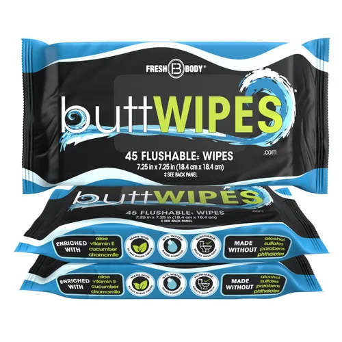 ButtWIPES - Toallitas desechables a base de agua con aloe y vitamina E, hechas sin alcohol ni fragancia añadida para adultos (paquete de 3)