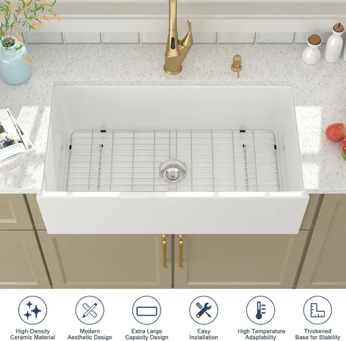 Miniatura 6 de Lordear Fregadero de Cocina Estilo Granja de 36 Pulgadas Blanco de Arcilla Refractaria Porcelana Cerámica Tazón Único Frente de Delantal Fregadero
