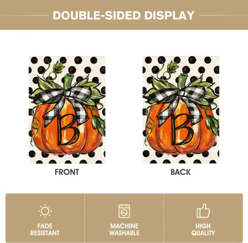 Miniatura 6 de AVOIN colorlife Bandera de jardín con monograma de otoño con letra B, diseño de calabaza, con diseño de lunares, 12 x 18 pulgadas, doble cara