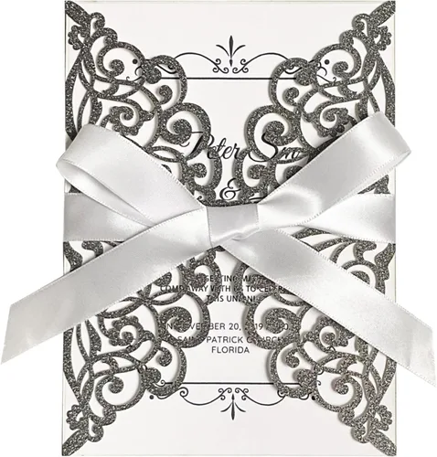 Miniatura 8 de 50 invitaciones de boda cortadas con láser con sobres con purpurina y cintas, tarjeta en blanco personalizada, invitaciones para quinceañera, Oro