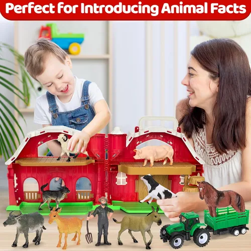 Miniatura 5 de Juguetes de animales de granja para niños de 1, 2, 3, 4 y 5 años, juego de granja grande de granero rojo con figuras de animales y juguete