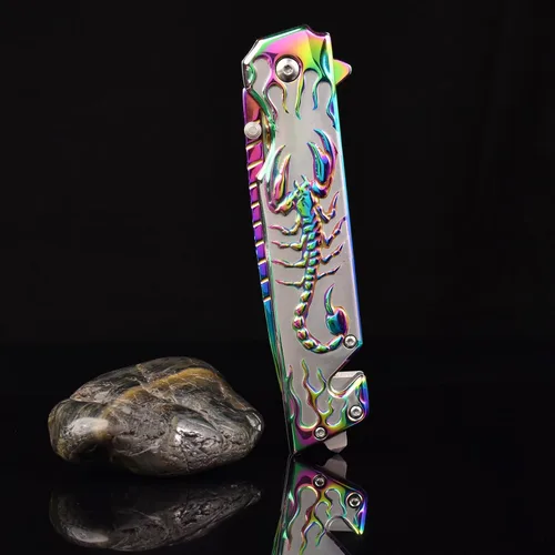 Miniatura 4 de Vividstill Cuchillo de bolsillo para hombres, cuchillo plegable arcoíris genial con patrón en relieve 3D, gran regalo de cuchillo EDC para hombres