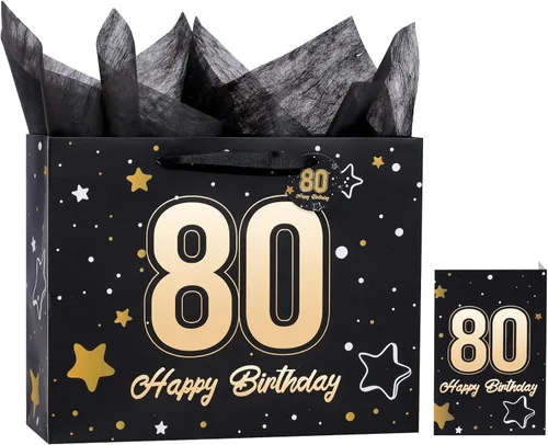 Miniatura 27 de Powbrace Bolsa de regalo de cumpleaños negra con papel de seda y tarjeta de felicitación, 13 x 10.2 x 4.9 pies, mediana