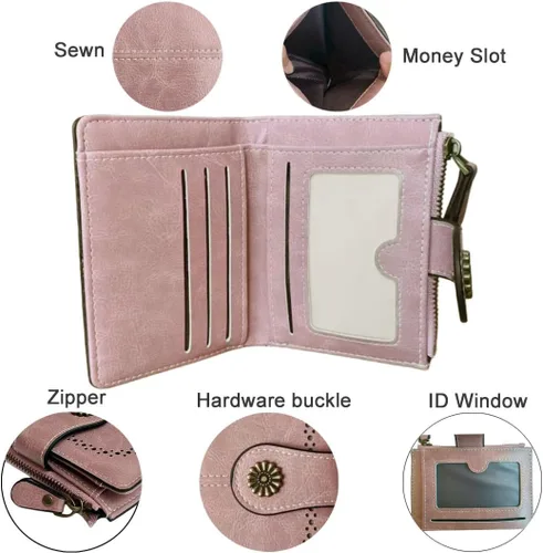 Miniatura 5 de Billetera para mujer, plegable, con bloqueo RFID, de cuero, tarjetero compacto con bolsillo para monedas con cremallera, Rosa, Cartera de cuero