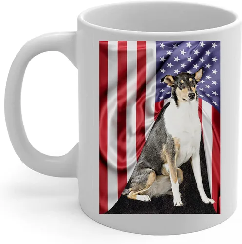 Taza de café con diseño temático americano con diseño tricolor liso Collie, taza de té de cerámica blanca de 11 onzas, regalos para propietarios de