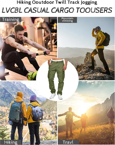 Miniatura 5 de LVCBL Pantalones cargo para hombre, de algodón, ajuste relajado, con múltiples bolsillos para hombre