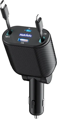 MAGJIEYX Cargador retráctil para automóvil 4 en 1, adaptador de carga rápida MAGJIEYX de 62 W, cables retráctiles tipo C/USB-i y dispositivos USB