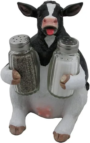 Holstein - Juego de salero y pimentero de cristal de vaca con figura de soporte, decoración de cocina de campo o esculturas decorativas de animales