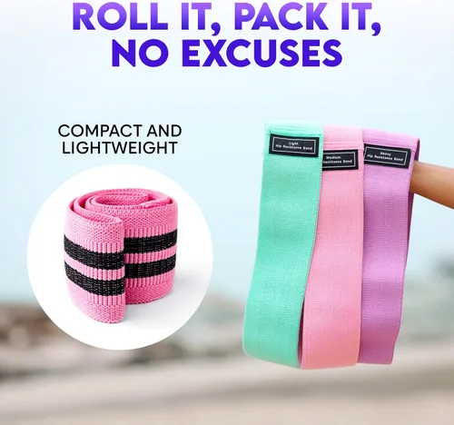 Miniatura 8 de Bandas anchas de resistencia de tela para entrenar 3 bandas antideslizantes de nivel de fuerza para mujeres y hombres Viene con una bolsa y Rosa