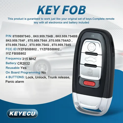 Miniatura 2 de Keyecu Smart Prox - Llavero remoto de entrada sin llave para Audi A4 A5 Q5 2010 2011 2012 2013 2014 2015 2016 (no funciona con acceso cómodo)