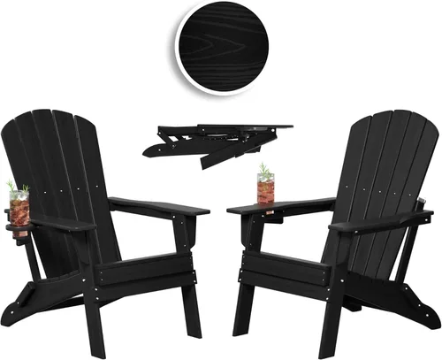 Miniatura 22 de Plawdlik Adirondack Juego de 2 sillas plegables, probadas por SGS, textura de madera con portavasos, polietileno de alta densidad resistente a todo