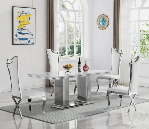 Miniatura 24 de Juego de mesa de comedor de mármol negro de lujo para 4, mesa de cocina dorada de 70 pulgadas y 4 sillas de cuero negro, juego de 5 mesas de comedor