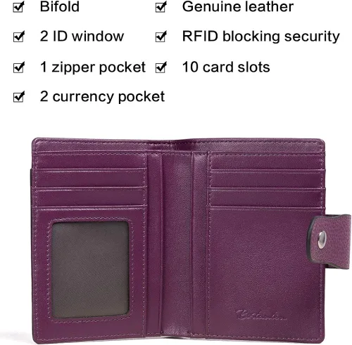 Miniatura 5 de BOSTANTEN - Billetera de cuero para mujer con bloqueo RFID, pequeña, con cremallera, de bolsillo, para tarjetas, con ventana para documento