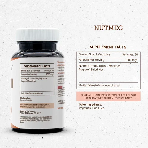 Miniatura 3 de Secrets of the Tribe Nuez moscada 60 cápsulas, 1000 mg, Nuez moscada (Rou Dou Kou, Myristica Fragrans) Nuez seca (60 Cápsulas)