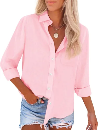 Miniatura 17 de Camisas de algodón con botones, para mujer, camisas de vestir Oxford, camisas de trabajo de manga larga, blusas con cuello y bolsillo