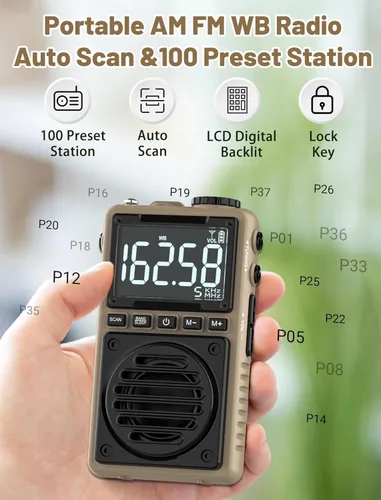 Miniatura 5 de Radio digital AM FM de banda meteorológica de 851 mAh, radio de bolsillo portátil recargable con la mejor recepción, linterna, pantalla LCD, clip