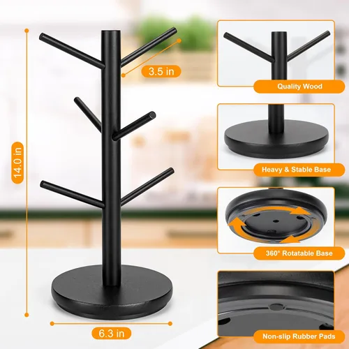 Miniatura 7 de MyLifeUNIT Árbol Portatarjetas, Soporte para Tazas Giratorias 360° con 6 Ganchos, Organizador de Soporte para Tazas de Café de Madera para Encimera
