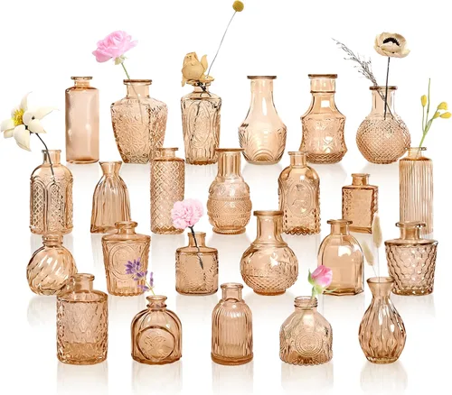 Miniatura 11 de Juego de 12 jarrones de vidrio ámbar, jarrones de capullo transparentes a granel, mini jarrones para flores, pequeños jarrones de flores