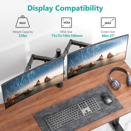 Miniatura 2 de Soporte de monitor dual para pantallas de 13 a 27 pulgadas, brazos de monitor dobles para 2 monitores de hasta 22 libras, soporte de escritorio