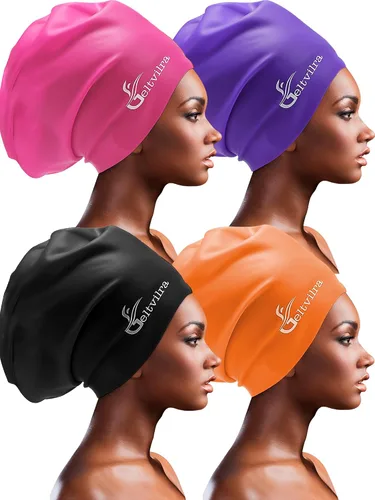 Paquete de 4 gorros de natación de silicona extra grandes para trenzas y rastas, negro, para mujeres y hombres, pelo largo, para piscina, impermeable