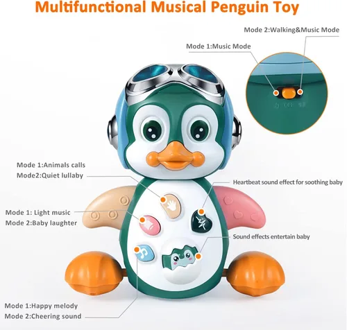 Miniatura 6 de MOONTOY Juguetes musicales de pingüino gateador para bebés de 0-3-6 6-12 meses, juguetes luminosos para tiempo boca abajo, juguetes de baile