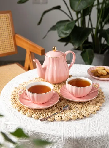 Miniatura 8 de Tazas y platillos de té real, con ribete dorado y caja de regalo, tazas de café británicas, juego de té de porcelana, juego de 6 (8 onzas) - Rosa