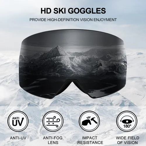 Miniatura 2 de FMY - Gafas de esquí para hombres, mujeres y jóvenes - Gafas de snowboard y esquí con protección antivaho UV400 para adultos Marco oscuro y negro