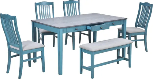 Miniatura 9 de RuiSiSi - Juego de mesa de comedor de madera para 6 personas con almacenamiento, juego de mesa de comedor rectangular de 6 piezas, juegos tapizados